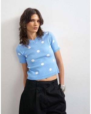 TOPSHOP Knitted Spot High V Neck Top - Blue