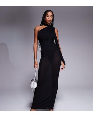 Kaiia Exclusive One Shoulder Mesh Scarf Detail Sheer Maxi Dress - Black