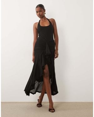 Missy Empire Double Sculpted Slinky Scoop Halterneck Ruffle High Low Detail Maxi Dress - Black