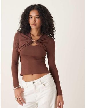 ASOS Twist Hardware Detail Long Sleeve Rib Top - White