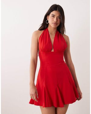 Kaiia Exclusive Halterneck Plunge Godet Hem Mini Dress - Red
