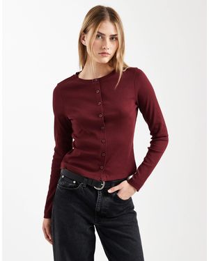 ASOS Cotton Rib Crew Neck Button Through Top - Red