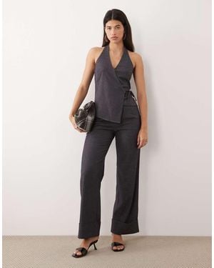 Kaiia Exclusive Tailored Stretch Woven Wide Leg Turn Up Detail Trousers Co-Ord - Grey