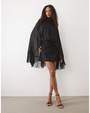 ASOS Asos Design Tall Shoulder Pads Tie Neck Fringed Sleeves Mini Dress - White