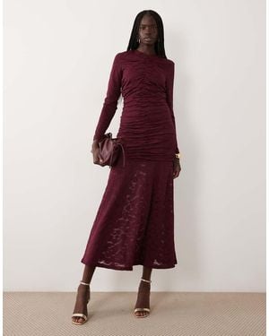 Y.A.S Long Sleeve Ruched Waist Lace Maxi Dress - Purple