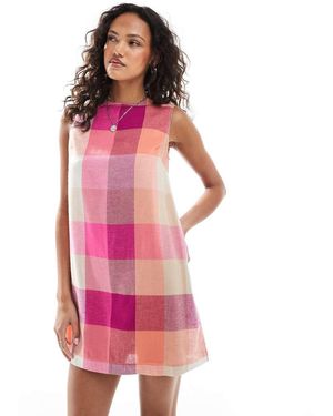Native Youth Vestido Recto Corto Rosa A Cuadros De Colores De Lino De