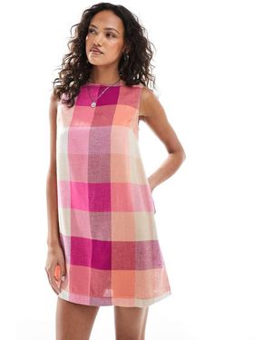 Native Youth Vestido Recto Corto Rosa A Cuadros De Colores De Lino De