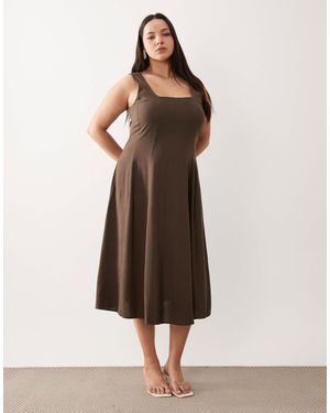 Vila Curve Square Neck Linen Touch Midi Dress - Natural