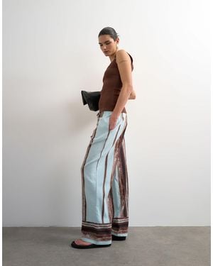 TOPSHOP Linen Painted Stripe Straight Leg Trouser With Deep Cuff - White