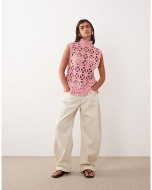 ARRANGE Crochet Knit Sleeveless Top - Pink