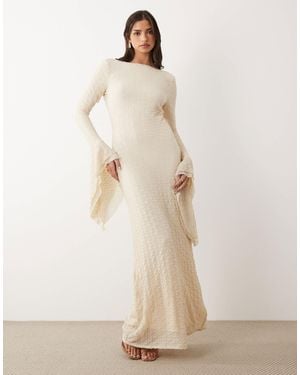 ASOS Textured Mesh Slash Neck Maxi Dress With Extreme Ruffle Sleeve - Natural