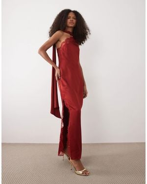 Mango Capsule Satin One Shoulder Maxi Dress With Lace Detail - Red