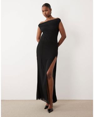 Oh Polly Asymmetric One Shoulder Thigh High Split Maxi Dress - Black