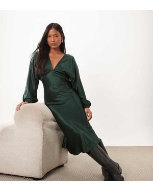 Nobody's Child Petite Allura Satin Balloon Sleeve Plunge Neck Maxi Dress - Green