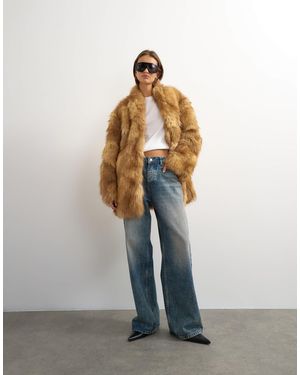 TOPSHOP Collarless Mid Length Faux Fur Coat - Multicolor