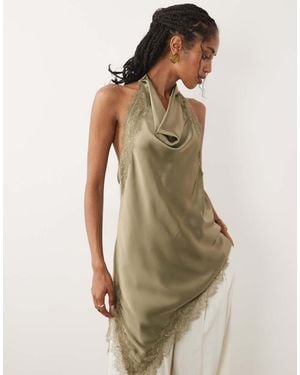New Look Lace Trim Asymmetric Satin Halter Top - Green