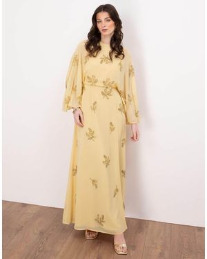 Maya Floral Embellished Cape Sleeve Maxi Dress - Natural
