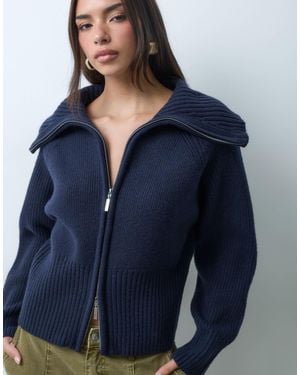 ASOS Wool Blend Fitted Waist Zip-front Sweater - Blue