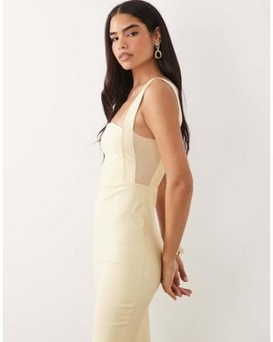 Vesper Vestido Midi Amarillo De Bengalina Con Escote Cuadrado Y Panel De Malla - Neutro