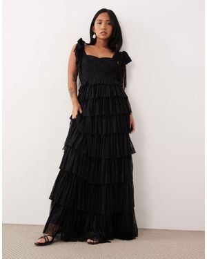 LACE & BEADS Lace Bow Shoulder Tiered Maxi Dress - Black