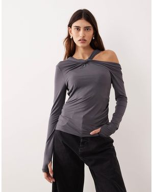 ARRANGE Jersey Twist Neck Long Sleeve Top - Gray