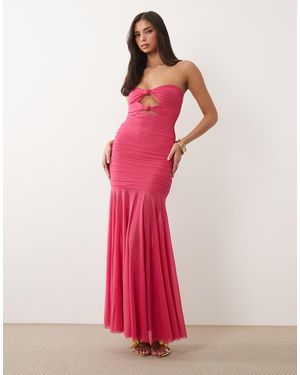 Ruched & Ready Sculpted Mesh Strapless Cut Out Knot Detail Sheer Hem Maxi Dress - Pink