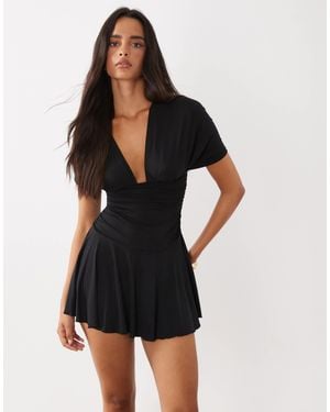 Motel Sunmi Gathered V-Neck Mini Dress - Black