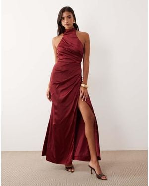 TFNC London Bridesmaid Satin Halter Neck Pleat Detail Maxi Dress - Red