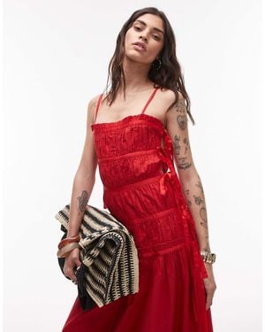 TOPSHOP Ruched Panel Midi Dress With Tie Sides - Red