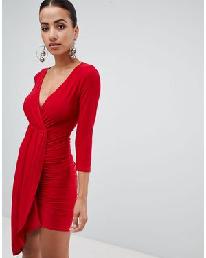 Club L London Vestido drapeado y cruzado con escote en V y manga larga - Rojo