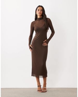 AFRM Shailene Mesh Turtleneck Cami Lining Bodycon Midi Dress - Brown