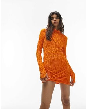 TOPSHOP Textured Jersey Long Sleeve Mini Dress - Orange