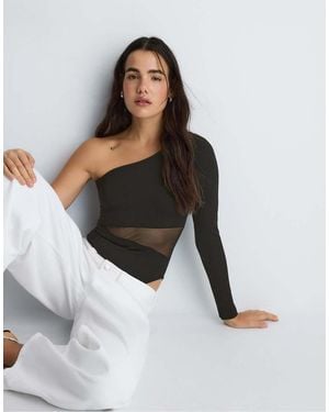 Stradivarius Asymmetric Bodysuit With Sheer Details - Black