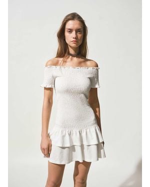 Mango Teen Crinkle Off Shoulder Mini Dress With Ruffle Hem - White