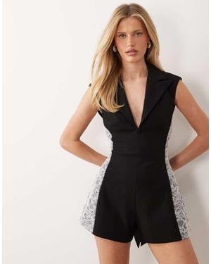 ASOS Tailored Playsuit With Lace Trim Detail - Black