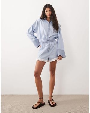 ASOS Shirt Playsuit With Lace Trim - Blue