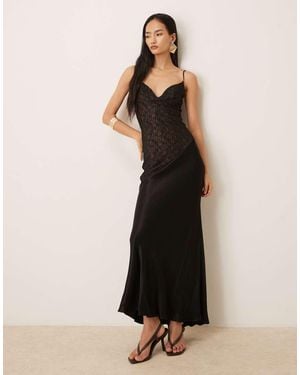 Bardot Aralia Asymmetric Lace Bodice Satin Hem Maxi Dress - Black