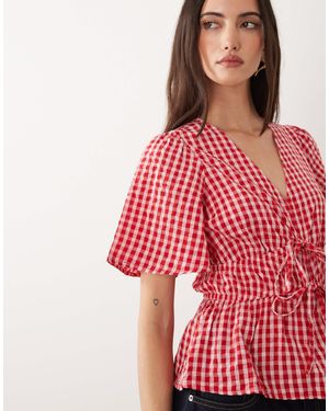 Nobody's Child Cordelia Cotton Rich Puff Sleeve V-neck Peplum Top - Red