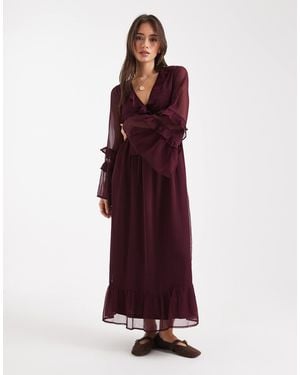 Wednesday's Girl V Neck Long Sleeve Floaty Midaxi Dress - Red