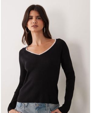 Miss Selfridge Ribbed Knit Lace Trim Scoop Fitted Top - Black