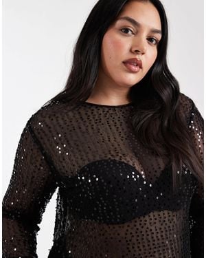 Pieces Plus Pieces curve – langärmliges pailletten-oberteil - Schwarz