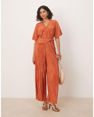 ASOS Mono Largo Color Óxido Escotado Y Plisado De Manga Corta Con Cintura Cruzada De -Naranja