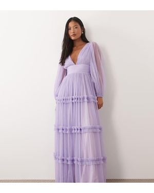 LACE & BEADS Tulle Plunge V-neck Balloon Sleeve Maxi Dress - Purple