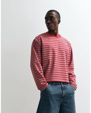Collusion Heavyweight Stripe Long Sleeve Boxy T-Shirt - Red