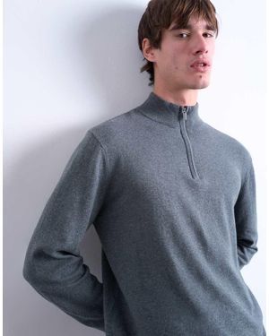 TOPMAN Essential Knitted 1/4 Zip Funnel Jumper - Blue