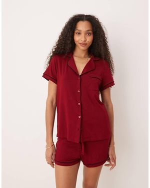 ASOS Super Soft Short Sleeve Shirt & Shorts Pyjama Set With Contrast Piping - Red