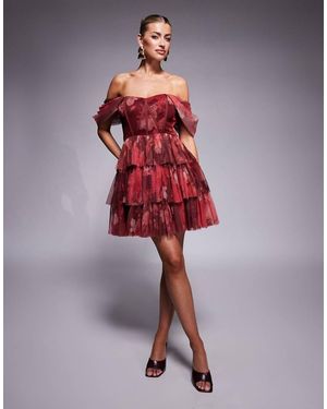 LACE & BEADS Off Shoulder Corset Tulle Mini Dress - Red