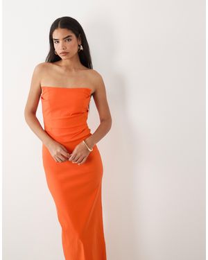 Vesper Bengaline Square Edge Ruched Front Maxi Dress - Orange