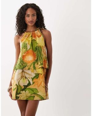 ASOS Babydoll Mini-Jurk Met Gestrikte Hals En Print - Geel