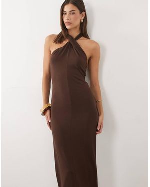 ASOS Halter Open Back Midi Dress With Twisted Neck Detail - Brown